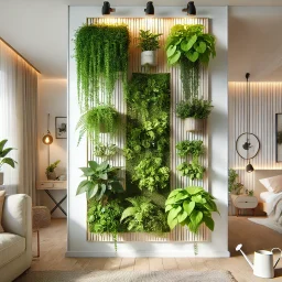 A detailed and realistic image of a small vertical garden inside a modern flat. The vertical garden is mounted on a wall featuring an array of lush g