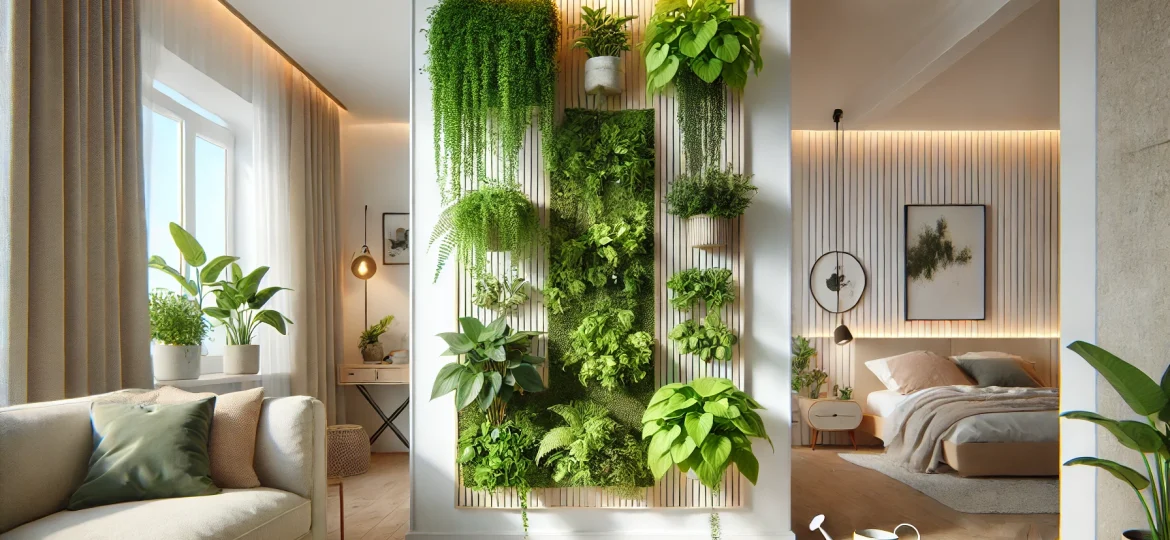 A detailed and realistic image of a small vertical garden inside a modern flat. The vertical garden is mounted on a wall featuring an array of lush g