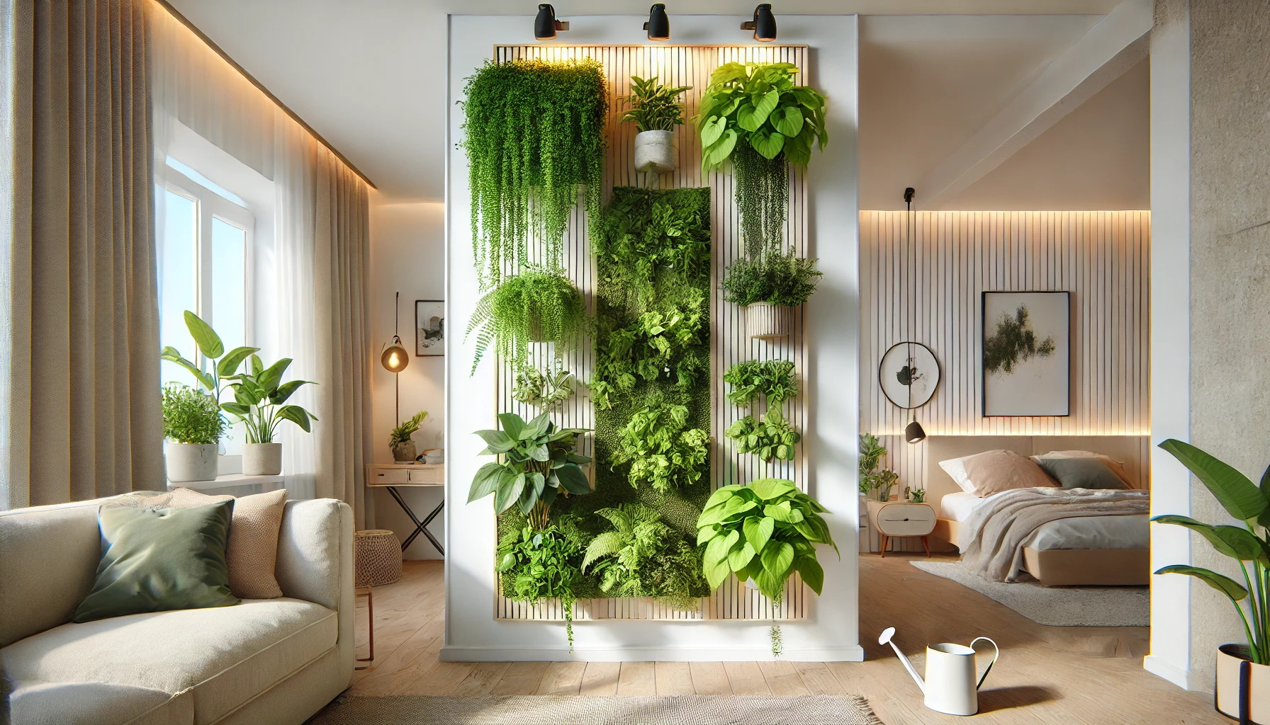 A detailed and realistic image of a small vertical garden inside a modern flat. The vertical garden is mounted on a wall featuring an array of lush g