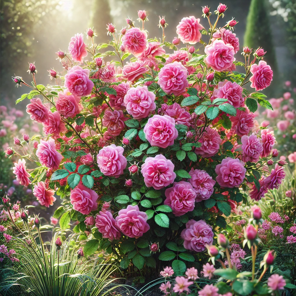 A highly detailed and realistic image of the Star Roses Pretty Polly Pink rose. This rose features abundant clusters of small delicate vibrant pin