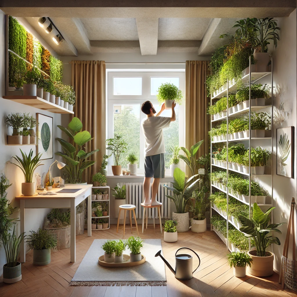 A realistic and detailed image of a person setting up the ultimate small indoor garden inside a one bedroom flat with a ceiling height of approximatel