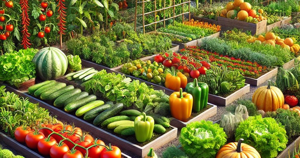 A vegetable garden featuring a variety of vegetables including tomatoes capsicum peppers zucchini cucumbers climbing and bush beans