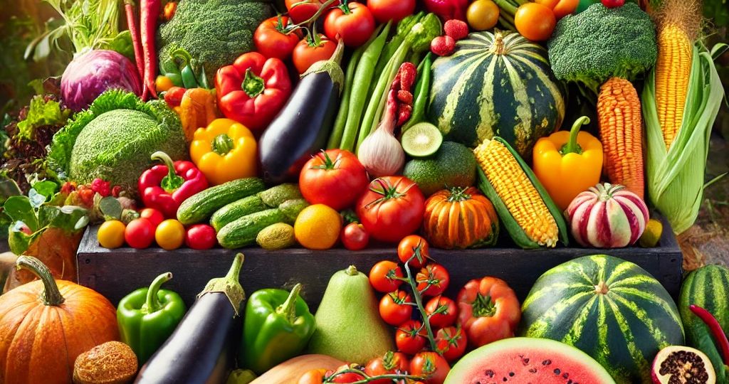 A colorful arrangement of various fruits and vegetables ready to plant in November in Victoria Australia. Include ripe tomatoes capsicum chilies