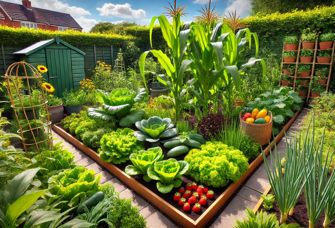 A lush and vibrant small garden set in a backyard with sweet corn plants standing tall rows of crisp lettuce a small patch of fragrant basil thrivi