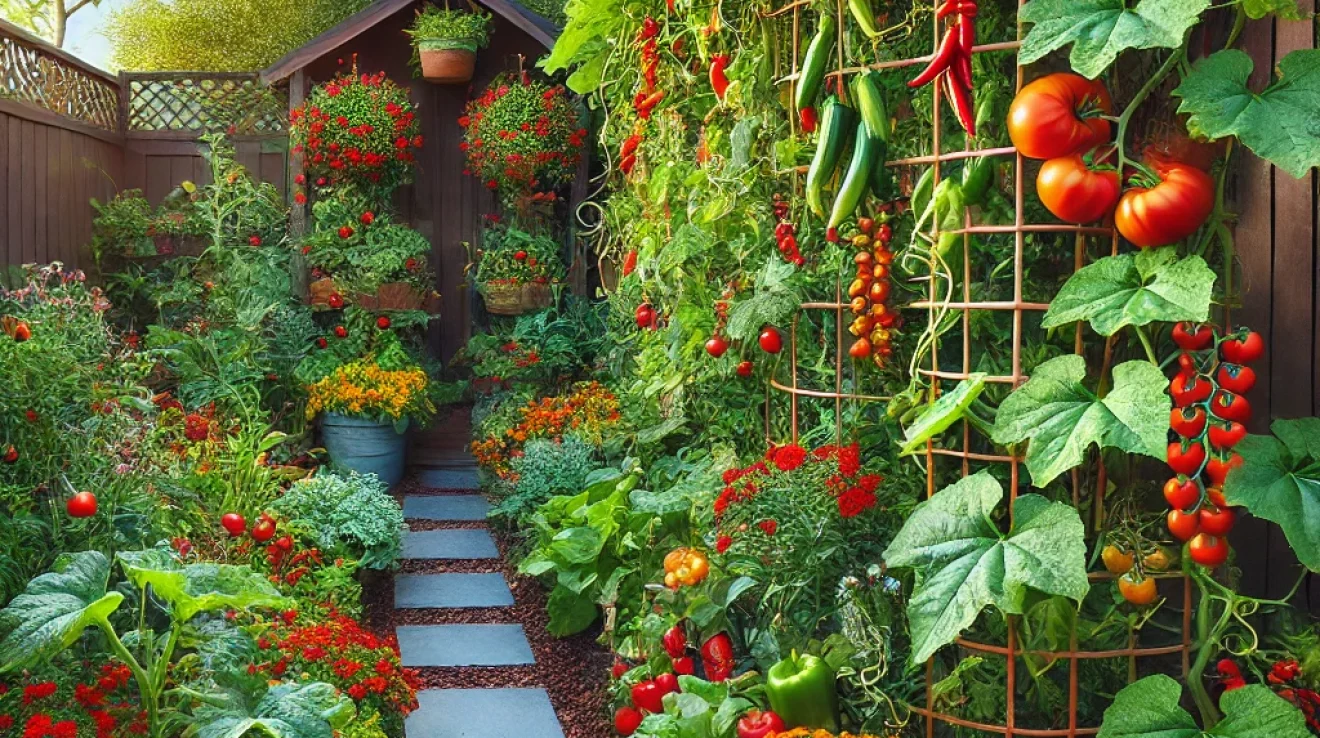 A vibrant small garden in a backyard setting featuring thriving tomato plants with ripe red fruits cucumber vines climbing a trellis capsicum (bell